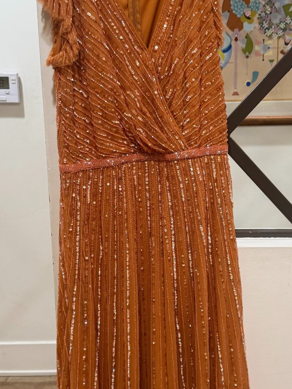 Mac Duggal Orange (Copper) Sequined Wrap Over Cap Sleeve Ruffle Hem Dress